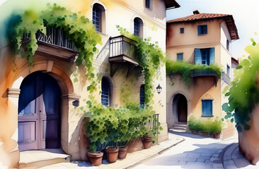 Fototapeta na wymiar Watercolor urban landscape. An old medieval street in a European town