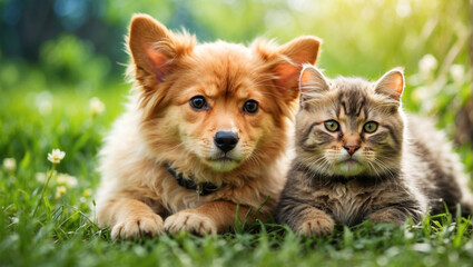 Naklejka na ściany i meble a cat and a dog lie together like friends in a sunny summer park on green grass. friendship between animals