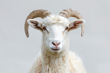 A peaceful white goat with elegant curved horns lying down, presented on a clean white background, creating a minimalist aesthetic..