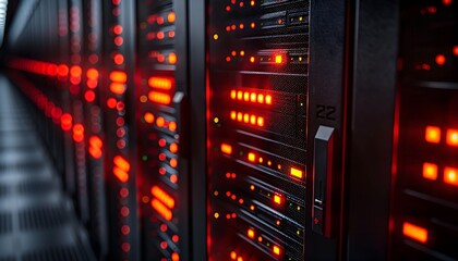 Row of network servers with glowing LED lights