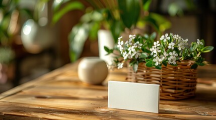 blank card on the table on the background of flowers
