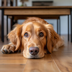 Close-up of a cute golden retriever puppy with soulful eyes lying on a wooden floor, radiating warmth and calmness.