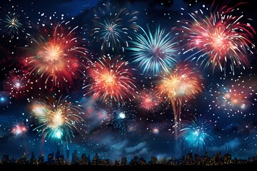 Fototapeta na wymiar Celebratory birthday fireworks painting the dark sky with vibrant hues, captured in high definition to showcase the beauty and brilliance of the dazzling display