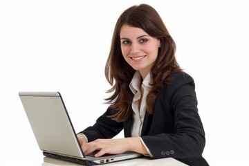 Smiling caucasian young businesswoman bank employee worker manager boss ceo looking at camera, using laptop for distant education work, e-learning, watching webinars online isolated in white