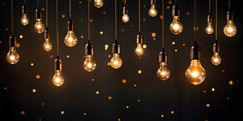 Fototapeta na wymiar Hanging light bulbs on dark background. Cozy decoration indoor cafe or Christmas party vibe