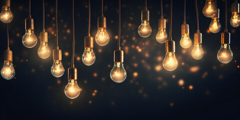 Obraz premium Hanging light bulbs on dark background. Cozy decoration indoor cafe or Christmas party vibe