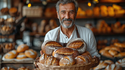 Male baker with basket of baked bread in bakery