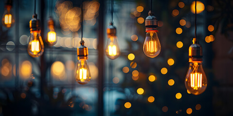 Hanging light bulbs on dark background. Cozy decoration indoor cafe or Christmas party vibe - Powered by Adobe