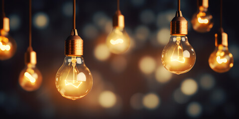 Hanging light bulbs on dark background. Cozy decoration indoor cafe or Christmas party vibe - obrazy, fototapety, plakaty