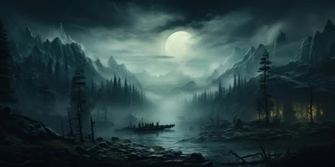 Fotobehang Mountain Lake Landscape Painting Generative AI © j@supervideoshop.com