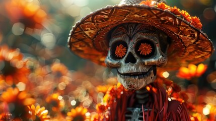 cartoon skull painted for the holiday in a mexican hat and orange flowers in the eye sockets, for cinco de mayo