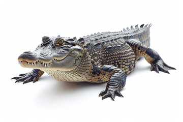 crocodile with textured skin, isolated on a white background, showcasing its predatory features.