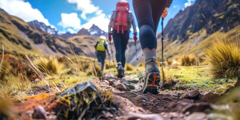 A group of hikers hiking the mountain trail, low angle photo