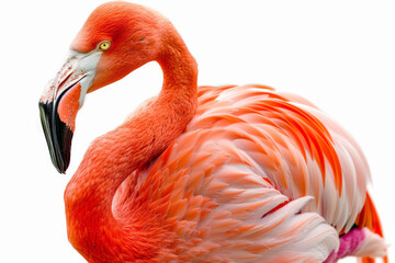 Intimate close-up of a flamingo, showcasing its vivid orange plumage and the intricate details of its beak, isolated on a white background..