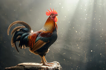 A majestic rooster stands atop a stump, its vibrant and colorful plumage gleaming against a softly blurred background with twilight bokeh.. - obrazy, fototapety, plakaty