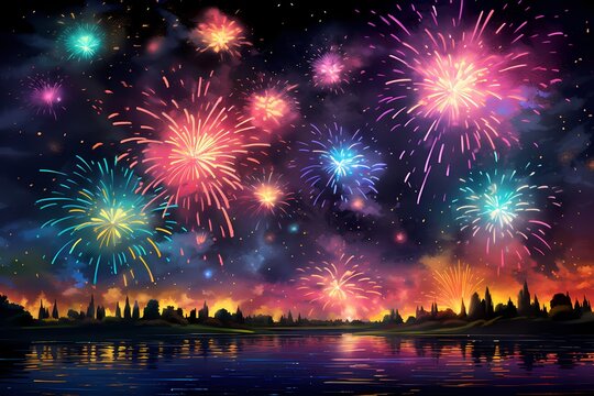 Bursting birthday fireworks painting the night with vibrant colors, photographed in high definition for a dazzling and realistic celebration
