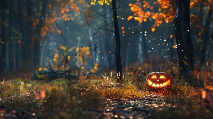 Realistic haunted spooky forest, creepy landscape at night. Fantasy Halloween forest background. Surreal mysterious atmospheric woods design backdrop