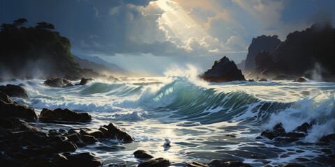 Waves Crashing on Rocks in the Ocean Generative AI - obrazy, fototapety, plakaty