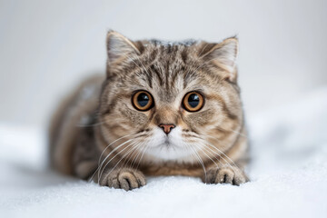 Obraz na płótnie Canvas An adorable Scottish Fold kitten gazes curiously at the camera, its big, soulful eyes and folded ears capturing the heart, set against a pure white background..