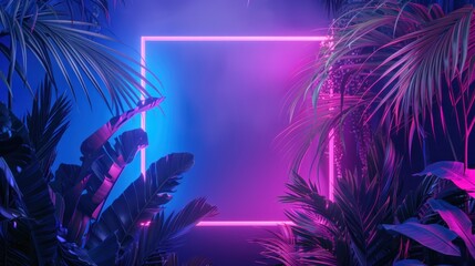 Fototapeta premium neon lights. Silhouettes of tropical rectangle, polygon frame, key, music, leaf, colorful smoke