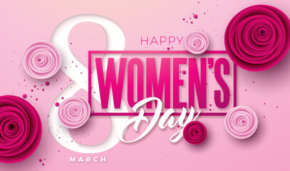 8 March. Happy Womens Day Floral Illustration. International Womens Day Vector Design with Rose Flower and Typography Letter on Light Pink Background. Woman or Mother Day Theme Template for Flyer - obrazy, fototapety, plakaty