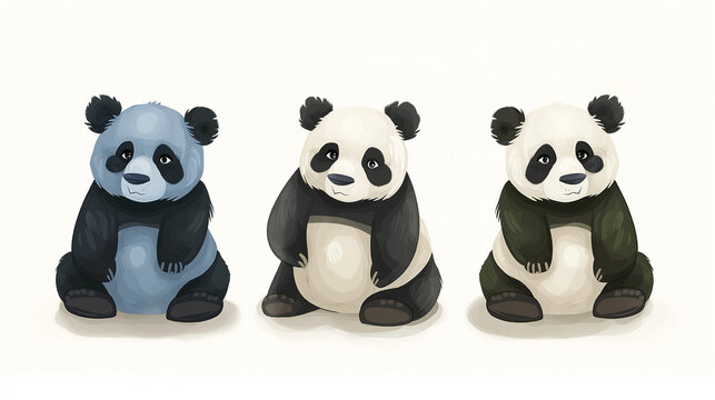 Conjunto de Pandas isolados sobre fundo branco. Ilustração em aquarela.