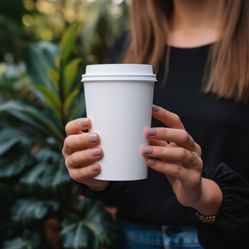 Close up of woman hands holding white paper cup mockup