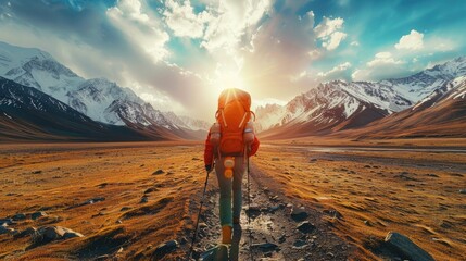 A lonely backpacker is walking along highway pass through beautiful Pamir Plateau landscape. - obrazy, fototapety, plakaty