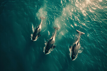 Overhead shot capturing killer whales (Orcas) swimming together in the deep blue sea, showcasing nature's majesty..