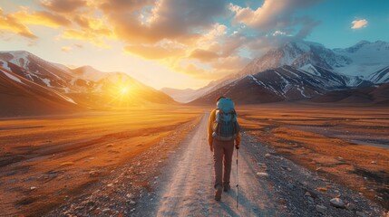 A lonely backpacker is walking along highway pass through beautiful Pamir Plateau landscape. - obrazy, fototapety, plakaty