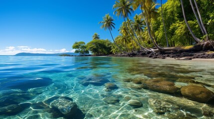 Tranquil tropical beach with lush palm trees and calm, serene lagoon for peaceful relaxation