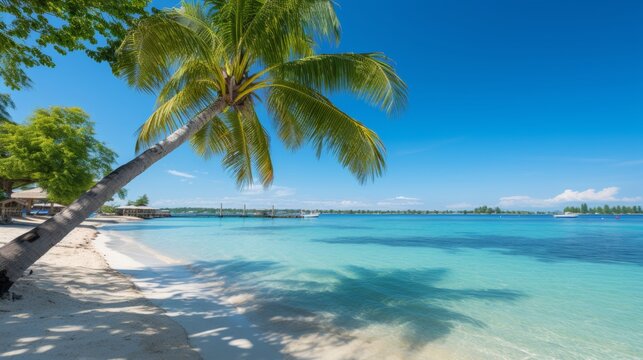 Tranquil tropical beach scene with palm trees and serene lagoon for high-quality image sale