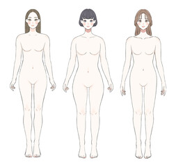 骨格別に並ぶ女性のイラスト　骨格ストレート　骨格ウェーブ　骨格ナチュラル　裸ver