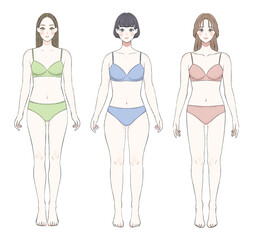 骨格別に並ぶ女性のイラスト　骨格ストレート　骨格ウェーブ　骨格ナチュラル　下着ver