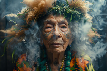 elderly native american hippie woman wearing and flower wreath in her hair, with marijuana plants - obrazy, fototapety, plakaty