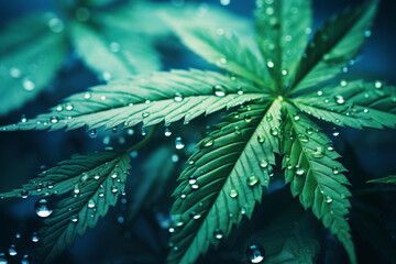 High definition  marijuana leaves with dew drops on large screen in foggy morning - obrazy, fototapety, plakaty
