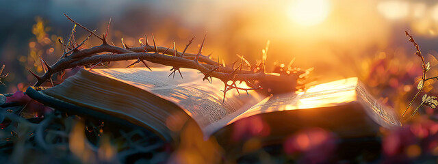 Holy Bible, Crown of thorns on backdrop of sunset or sunrise. Christian Easter concept. Space for text. Close up. Place for text. - obrazy, fototapety, plakaty