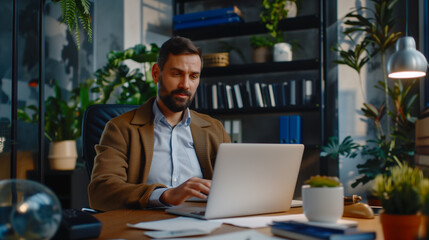 businessman having a video call on his laptop, remote conversation about a business deal, business person video chat, businessman working on laptop