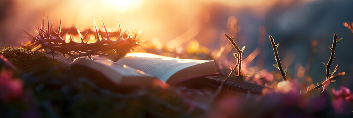 Holy Bible, Crown of thorns on backdrop of sunset. Christian Easter concept. Space for text. Close up. Place for text. - obrazy, fototapety, plakaty