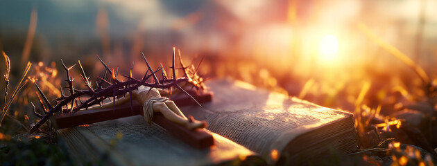 Holy Bible, Crown of thorns, wooden cross on backdrop of sunset. Christian Easter concept. Space for text. Close up. Place for text. - obrazy, fototapety, plakaty