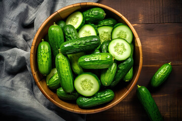 Short food supply chains SFSCs.From garden to plate concept.A bowl of fresh cucumbers the wood table.Flat lay,Copy space