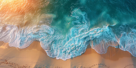 Fototapeta premium An aerial shot captures the stunning contrast between the golden sands of a serene beach and the turquoise waves gently lapping at the shore..