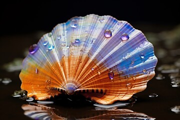 a colorful shell with water drops on it - obrazy, fototapety, plakaty