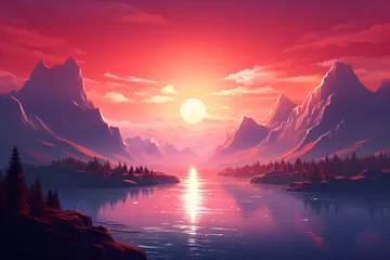 Schilderijen op glas a sunset over a lake © Alex