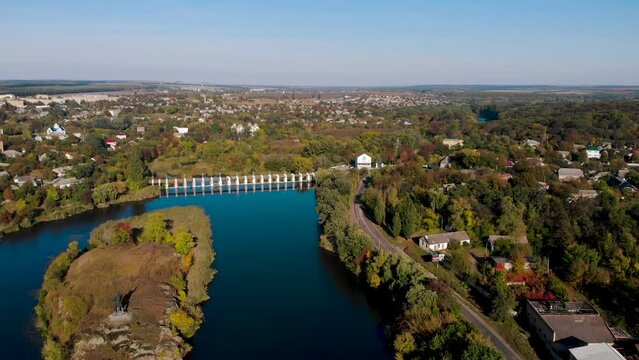 Aerial view of Ukraine. Bridge and picturesque islands on the river Ros in Korsun-Shevchenkivskyi, Cherkasy region, Ukraine.
