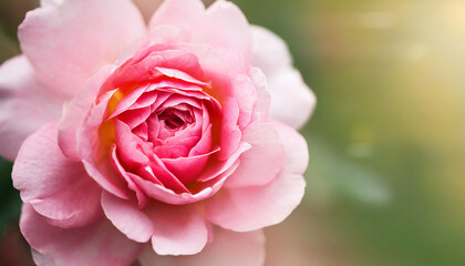 Horizontal banner with pink rose on blurred background. Beautiful nature.