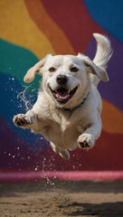 dog jumping on a bright colored background