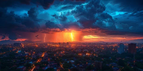 Foto op Plexiglas A breathtaking cityscape under the siege of an electric storm, with multiple lightning strikes piercing the twilight sky.. © bajita111122