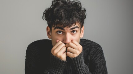 Scared not sure brown eyes young guy with curly hair wearing black knitted sweater looking at camera with hands at his mouth biting nails - obrazy, fototapety, plakaty