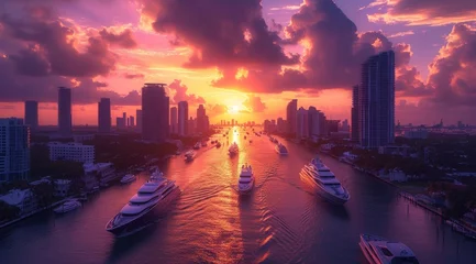 Rolgordijnen Generative AI image of Photo Realistic Extreme ultra fine, city of downtown Miami shot with dramatic Sunset from 500 feet high, many yachts, floating in waterways © TimelessTales